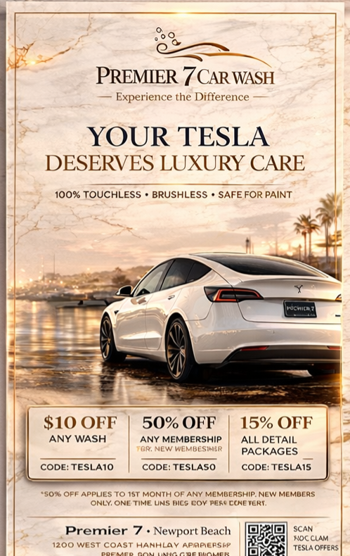 Tesla being safely cleaned at Premier 7 touchless car wash Newport Beach